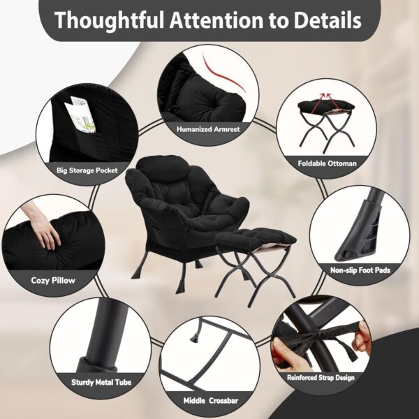 Lazy Chair with Folding Ottoman, Accent Chair Velvet Upholstered with Metal Structure and Non-Slip Pads, Sofa Armchair with Footrest and Side Storage Bag for Dorm, Room, Office, Black - Image 6