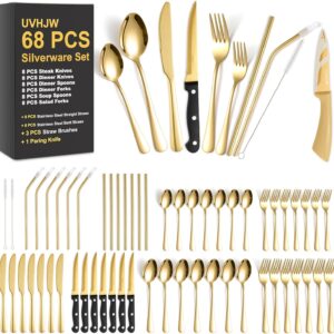 68-piece Gold Silverware Set with Steak Knife, Service for 8, Stainless Steel flatware Cutlery Set with Metal Straw Drinking Set, Mirror Polished Fork Spoon Knife Set Eating Utensils Tableware