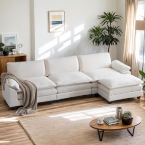 Karl home Sectional Sofa Modular Deep 3-Seat Sofa Couch with Ottoman, Teddy Fleece Sofa Sleeper Comfy Upholstered Furniture for Living Room, Apartment, Studio, Office, Beige