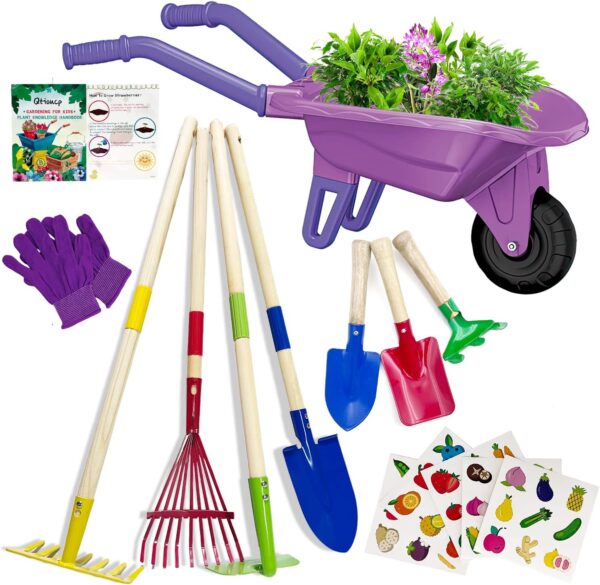 Kids Gardening Tools Outdoor Toys Set Backyard Play with Wheelbarrow Educational STEM Learning Pretend Toys Outdoor Indoor for Toddlers Kids Boys Girls (Purple)