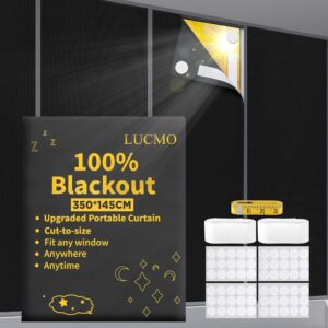 LUCMO Blackout Blinds 138" x 57", 100% Blackout Blind Curtain for Window, No Drill Portable Blackout Shades Film for Bedroom, Cut to Any Size, Nursery Black Out Blinds for Baby Travel Temporary