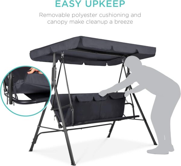 Best Choice Products 2-Person Outdoor Patio Swing Chair, Hanging Glider Porch Bench for Garden, Poolside, Backyard w/Convertible Canopy, Adjustable Shade, Removable Cushions - Gray - Image 5