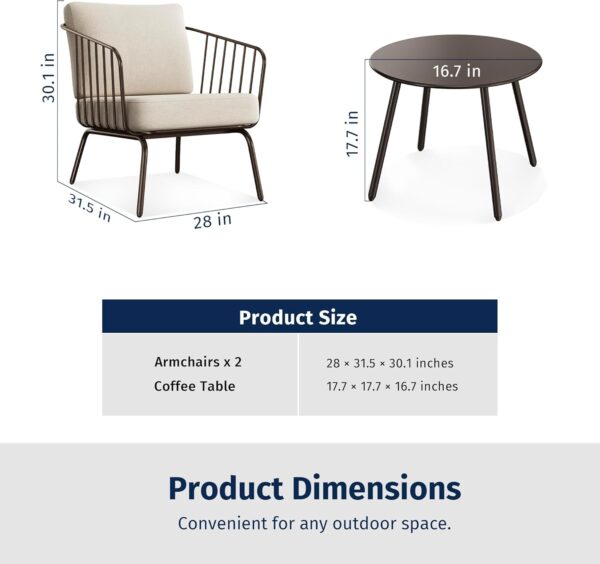 EAST OAK 3-Piece Plaza Patio Furniture Set, Outdoor Furniture with Thick Cushion Sofa and Coffee Table, Outdoor Bistro Set for 2, Small Space, Modern Patio Conversation Set for Balcony, Brown & Beige - Image 7