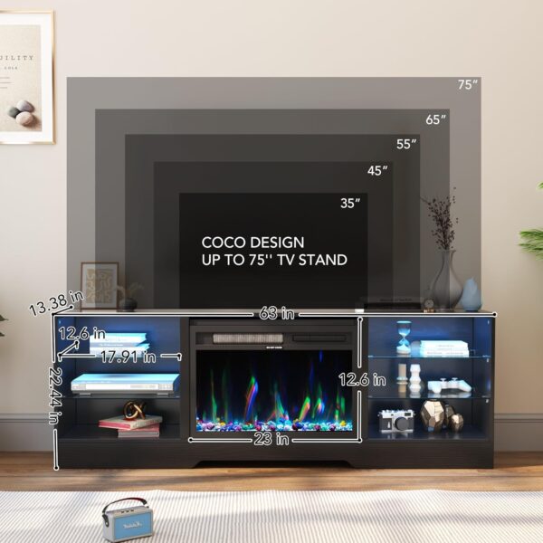 COCO DESIGN Fireplace TV Stand with 23" Fireplace, Electric Fireplace TV Console for TVs up to 75", LED Lights Wood and Glass Entertainment Center & Remote Control, Black - Image 3