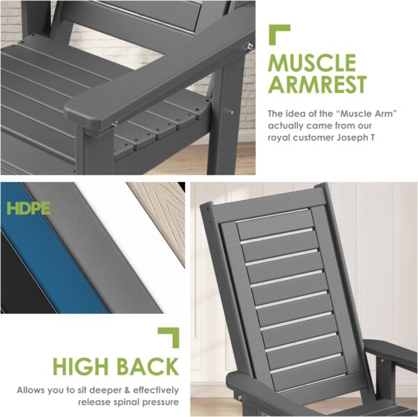 Outdoor Rocking Chairs | Set of 2 | Porch Rocker | HDPE Plastic | Grey | Oversized Rockers | High Back | Big & Tall | Ladder Back | for Patio Outside Backyard Balcony Garden - Image 7
