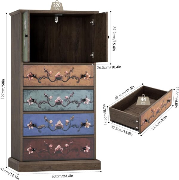 finetones 50’’ Tall Dresser, Boho Dresser Vintage Dresser with 4 Drawers and 2 Doors, Wood Dresser Chests of Drawers for Home, 16.1D x 23.6W x 50H Inch - Image 3