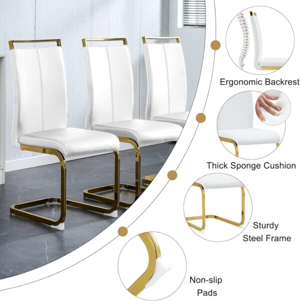 Ebullient Glass Dining Table Set for 4,5 Piece Dining Table and Chairs Set，Modern Kitchen Dining Room Table with 4 White PU Leather Dining Chairs,0.31” Tempered Glass Table Top with Gold Metal Legs - Image 5