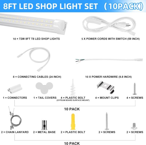 8FT LED Shop Light 10 Pack, Hanging/Surface Mount 6000K/White Light LED Tube Light, Plug & Play 72W 11520LM Super Bright High Output T8 LED Ceiling Lighting, Linkable Shop Lights for Garage - Image 5