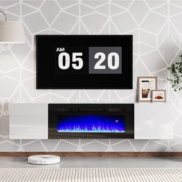 AMERLIFE Floating TV Stand with 36" Electric Fireplace, High Gloss Finish Wall Mounted Fireplace Entertainment Center with Storage for TVs Up to 78", White - Image 7