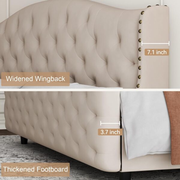 Queen Size Velvet Tufted Upholstered Platform Bed Frame with Raised Wing Back Headboard, Mattress Foundation and Wood Slat Support, No Box Spring Needed, Beige - Image 5