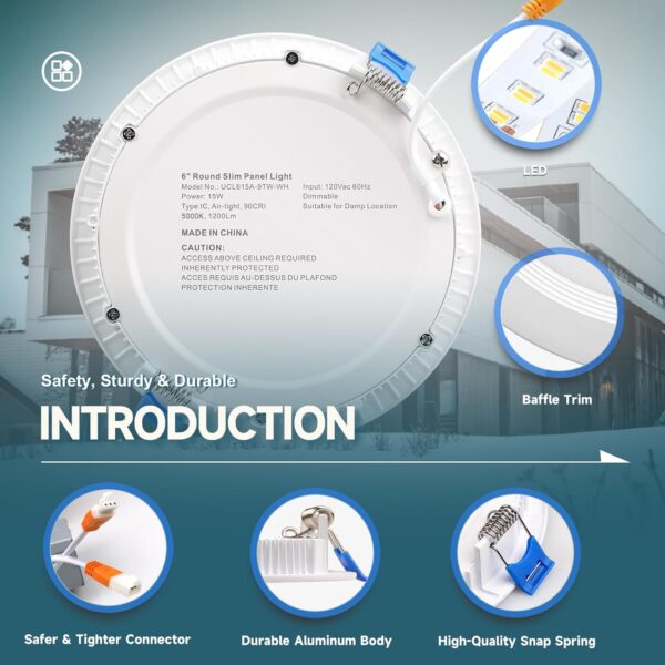 ECOELER 6 Inch LED Recessed Ceiling Light with Junction Box, Slim LED Dimmable Downlight with Baffle Trim, 5000K Day Light, 15W 1200LM, ETL & Energy Star Listed, 6 Pack - Image 6