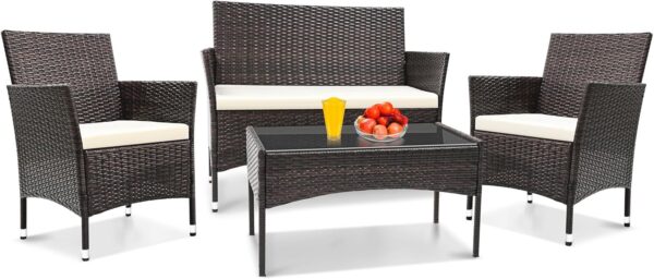 TINKLE WELL Outdoor Patio Furniture Sets, 4 Pieces Rattan Chairs Wicker Conversation Set with Tempered Glass Table, Cushion, for Yard, Garden, Poolside, Porch, Bistro, Balcony - Image 7