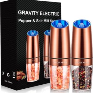 Gravity Electric Pepper and Salt Grinder Set, Adjustable Coarseness, Battery Powered with LED Light, One Hand Automatic Operation, Stainless Steel Copper, 2 Pack