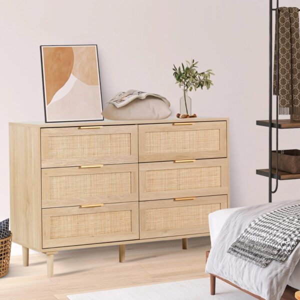 Rattan Dresser for Bedroom, Modern 6 Drawer Double Dresser with Gold Handles, Wood Storage Chest of Drawers fo Bedroom,Living Room,Hallway (Natural) - Image 7