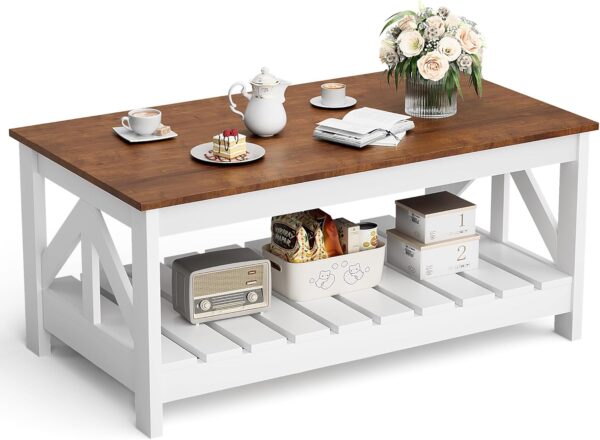 Flamaker Modern Farmhouse Coffee Table with Large Storage, 2-Tier Wood Living Room Table with Sturdy Frame, Rectangular Coffee Tables for Living Room, Meeting Room, Apartment (Rustic Oak & White) - Image 7