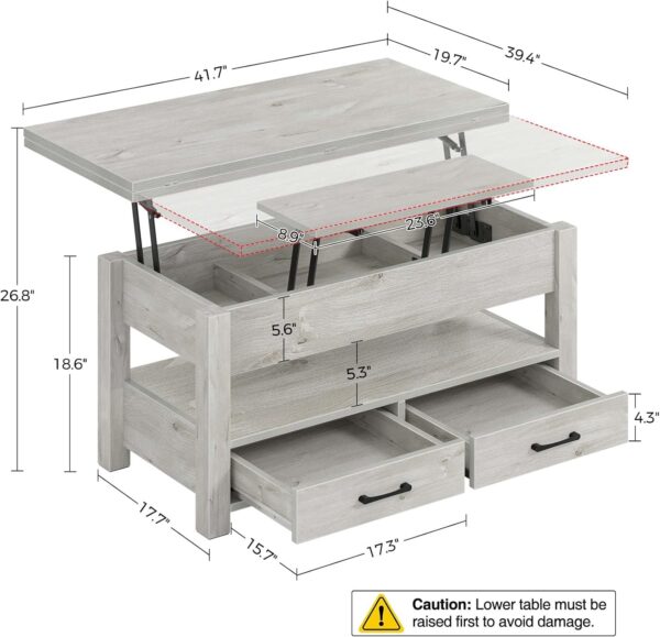 Rolanstar Coffee Table Lift Top, Multi-Function Convertible Coffee Table with Drawers and Hidden Compartment, Coffee Table Converts to Dining Table for Living Room, Home Office,Grey - Image 3