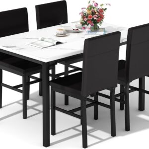 DKLGG Dining Table Set for 4, Modern Kitchen Table Chairs Set of 4, Faux Marble Dining Room Table Set for 4 Space-Saving 5-Piece Dinette Set with PU Leather Chairs for Kitchen, Apartment, White+Brown