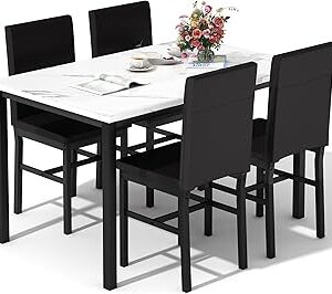 DKLGG Dining Table Set for 4, Modern Kitchen Table Chairs Set of 4, Faux Marble Dining Room Table Set for 4 Space-Saving 5-Piece Dinette Set with PU Leather Chairs for Kitchen, Apartment, White+Brown