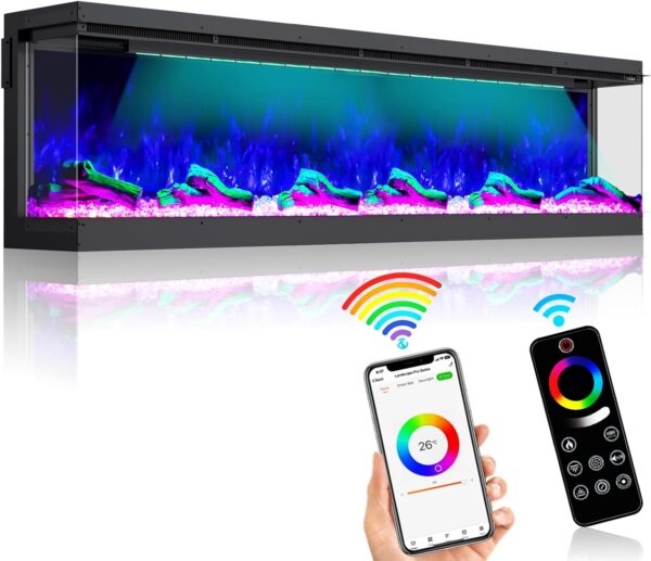 3 Sided Electric Fireplace, 80 inch Smart WiFi Fireplace Inserts for Bedroom, Wall Eletric Fire Place Heater with 251 RGB LED Flame, Remote Control, Log, Crystals