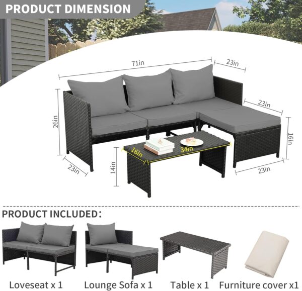 Valita 3-Piece Outdoor PE Rattan Furniture Set Patio Black Wicker Conversation Loveseat Sofa Sectional Couch Gray Cushion - Image 3