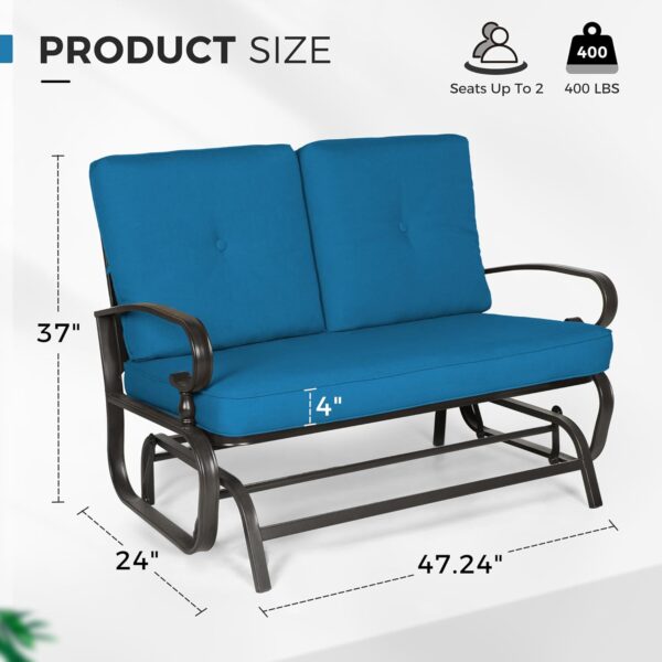 Crownland Outdoor Patio Glider Chair Porch Furniture Loveseat Seating, Wrought Iron Patio Glider for Outside with Cushion (Peacock Blue) - Image 6