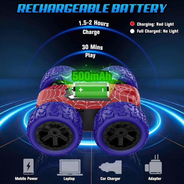 Remote Control Car for Boys, RC Cars for Kids with Colorful LED Lights, 2.4Ghz Double Sided 360° Flips 4WD Stunt Car, Rechargeable Toy Cars for Boys Girls Ages 4-6 5-7 6-8 8-12 Birthday Gift - Image 4