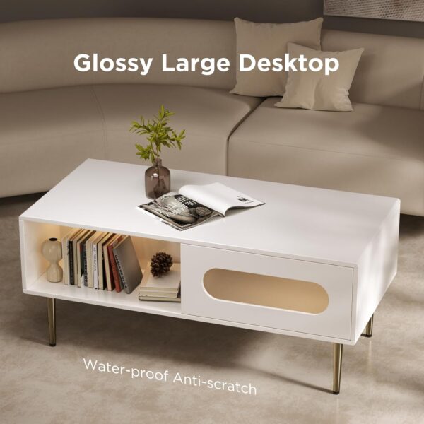 Coffee Table for Living Room 40.6inch LED Coffee Table Small White Coffee Table with Hidden Storage, High Glossy Modern Coffee Tables with Gold Metal Legs, Rounded Edges Home Accent Furniture - Image 4