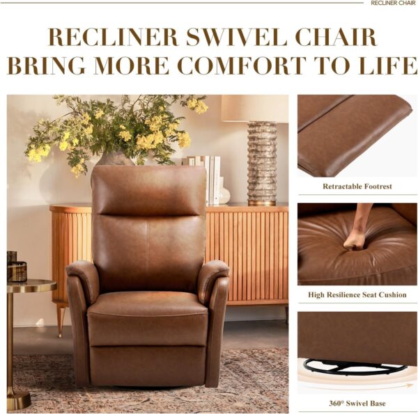Swivel Rocking Recliner Glider Chair, Leather Reclining Rocker Chair with Footrest for Living Room, Nursery, Office, Bedroom, Ergonomic High Backrest, Wide Seat Cushion and Metal Base-Cocoa - Image 6