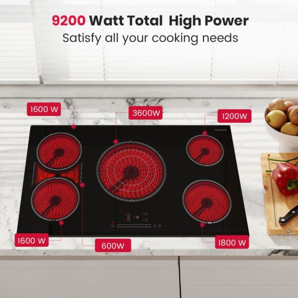 GASLAND 36 Inch Electric Cooktop 5 Burners, ETL & FCC Certificated, 9200W Built-in Radiant Ceramic Cooktop, Sync & Triple Burners, Slide Touch Control, Child Safety Lock, Hot Surface Indicator, 240V - Image 5