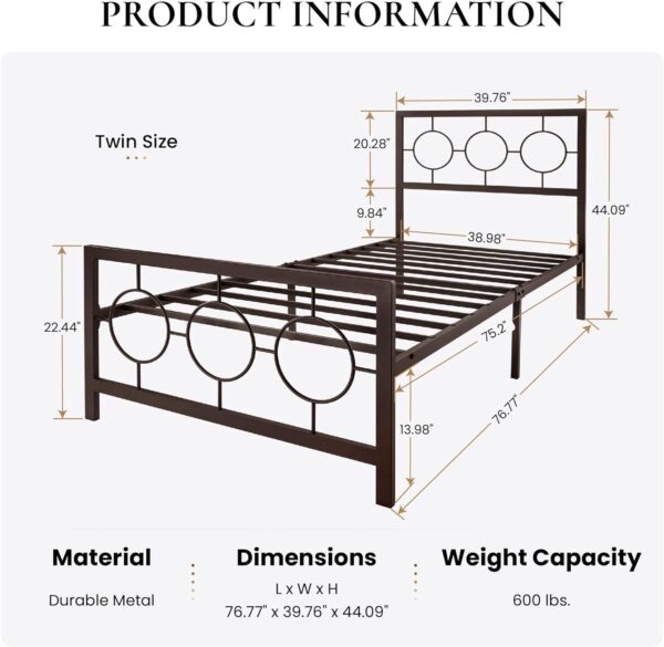 SHA CERLIN Twin Metal Bed Frame with Vintage Circular Design Headboard and Footboard, No Box Spring Required, Easy Assembly, Noise-Free,Brown - Image 2