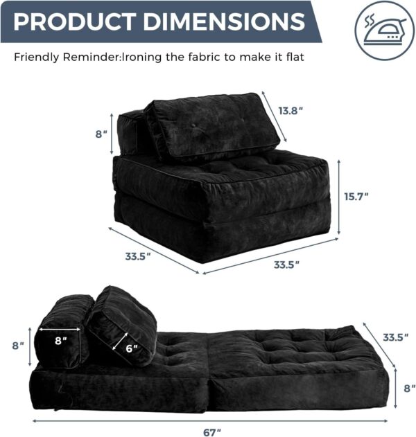 MAXYOYO Folding Sofa Bed, Velvet Convertible Sleeper Chair with Pillow Portable Fold Out Chair Bed, Multifunctional Tufted Floor Sofa Lounge for Living Room Guest Room, Black - Image 2
