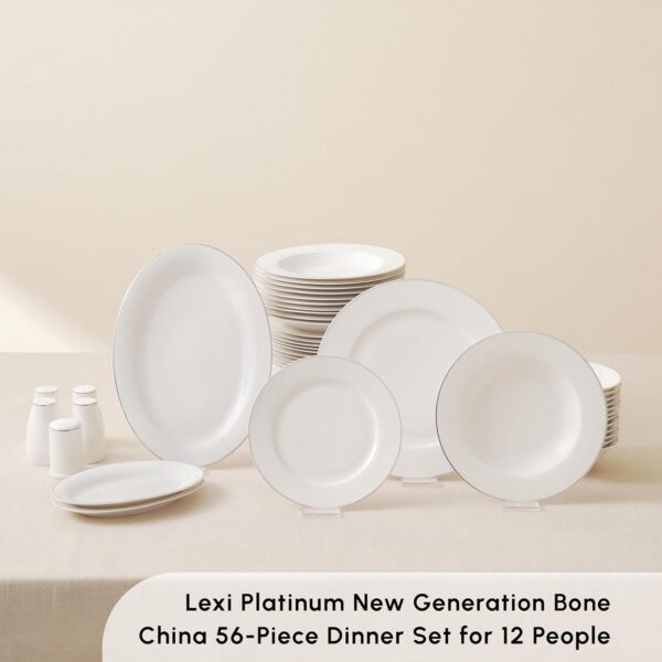 Karaca Lexi Platin Dinnerware Set for 12, 56 Piece, Bone China, Dinner Plates, Cake Plates, Soup Bowls, Salt, Pepper Shakers, Dish Set, Dishwasher Safe, Plates and Bowls Sets, White Platinum - Image 3