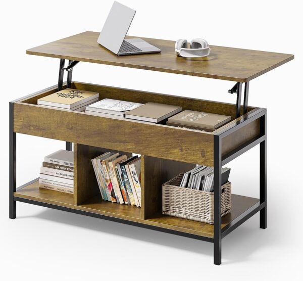 Gizoon Lift Top Coffee Table for Living Room, Small Farmhouse Rising Wooden Dining Center Tables with Storage Shelf and Hidden Compartment for Apartment Office Basement, Rustic Brown