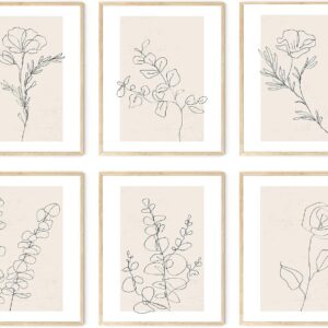 Neutral Botanical Wall Art Set of 6, Minimalist Abstract Botanical Prints Beige Leaf Plant Wall Decor Canvas Line Artwork, Boho Floral Botanical Wall Decor for Bathroom, Bedroom, Living Room,