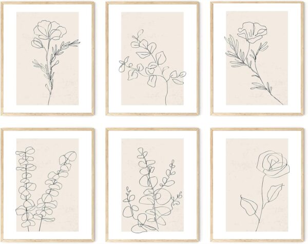 Neutral Botanical Wall Art Set of 6, Minimalist Abstract Botanical Prints Beige Leaf Plant Wall Decor Canvas Line Artwork, Boho Floral Botanical Wall Decor for Bathroom, Bedroom, Living Room,