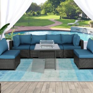 Patio Furniture Sets Outdoor Sectional PE Rattan Outdoor Furniture Patio Conversation Set with Cushions for Balcony Lawn and Garden 6 Pieces Couch Without Table (Expresso-Peacock Blue)