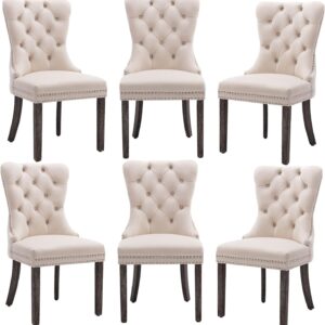 civama Velvet Dining Chairs Set of 6, Upholstered Tufted Dining Chairs with Nailhead Trim Back Pull Ring, Nikki Collection Elegant Armless Kitchen Chair with Solid Wood Legs, Beige