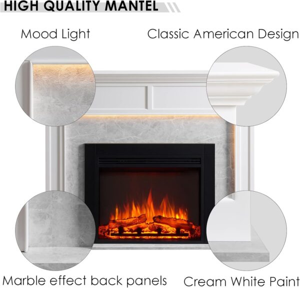 LegendFlame® Ashley Electric Fireplace with 60" Mantel Surround and Jaden 36" Insert, Cream White with Light Grey Marble Finish - Image 4