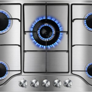 Karinear Gas Stove Gas Cooktop 30 Inch 5 Burners, Built-in Stainless Steel Gas Hob, NG/LPG Dual Fuel Gas Stovetop with Thermocouple Protection for Apartments, Indoor (Come with Pressure Regulator)
