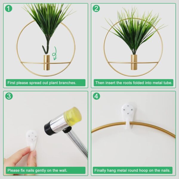 SAJANDAS Set of 2 Artificial Plants with Gold Metal Round Hanging Hoop for Wall Decor, Wall-Mounted Green Fake Plants in Metal Hoop for Modern Home Decor, Gold Wall Decor for Bedroom, Living Room - Image 2