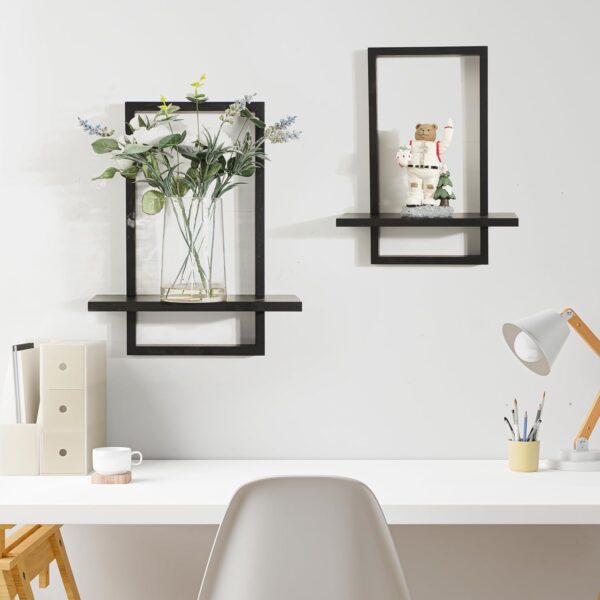 PHOENANCEE Square Floating Shelves Black,Framed Hanging Shelf for Wall Set of 2,Decorative Modern Chic Plants Decor for Living Room Bedroom Bathroom Home Office,Soild Wood,L+S - Image 2