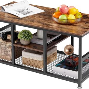 VECELO Coffee Center Table with Storage for Living Room Office Reception, Modern & Industrial Mesh Shelf, 39.4 Inch, Rustic Brown