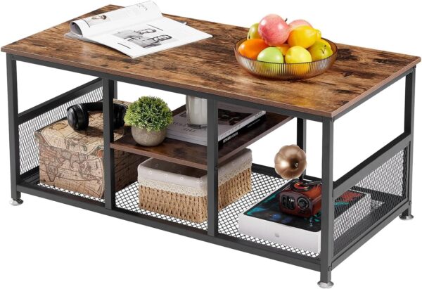 VECELO Coffee Center Table with Storage for Living Room Office Reception, Modern & Industrial Mesh Shelf, 39.4 Inch, Rustic Brown