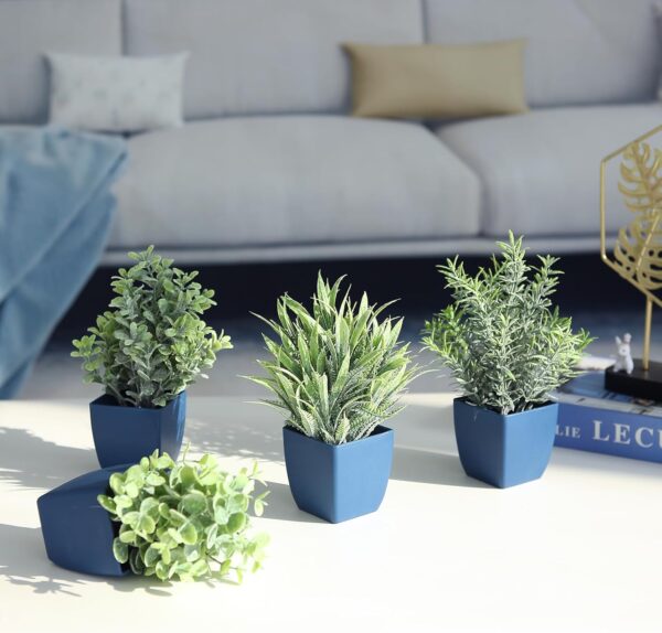 summer flower Set of 4 Fake Plants in Pot,Small Artificial Eucalyptus Potted Plant,Mini Wheat Grass，Ferns Faux Plants Greenery for Home Indoor Office Table Bathroom Farmhouse Decoration (Blue) - Image 4