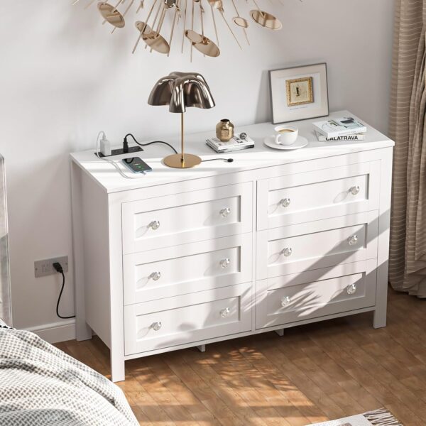 HAIOOU 6 Drawer Double Dresser, White Modern Chest of Drawers with Deep Drawers, Charging Station and Crystal/Black Handles, Wooden Drawer Storage Organizer Cabinet for Bedroom, Living Room - Image 5