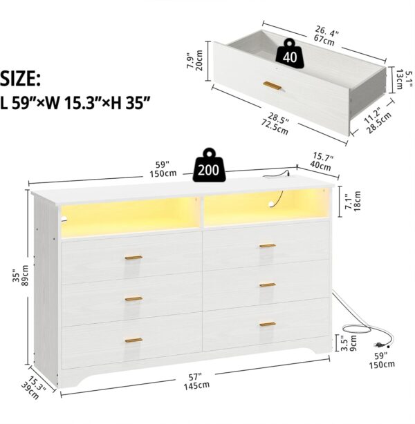 LIKIMIO 6 Drawer 59" White Dresser with LED and Power Strip, Dressers & Chests of Drawers with Storage Cabinet for Bedroom - Image 2