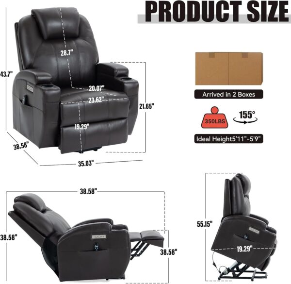 Power Lift Chair for Elderly,PU Leather Electric Recliner w/Massage and Heating, 3 Positions, Side Pockets and Cup Holders, USB Ports, Remote Control, Motorized Home Theater Seat, Brown - Image 2