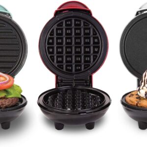 DASH Mini Waffle Maker + Grill + Griddle, 3 in 1 Pack - Red/Aqua/White