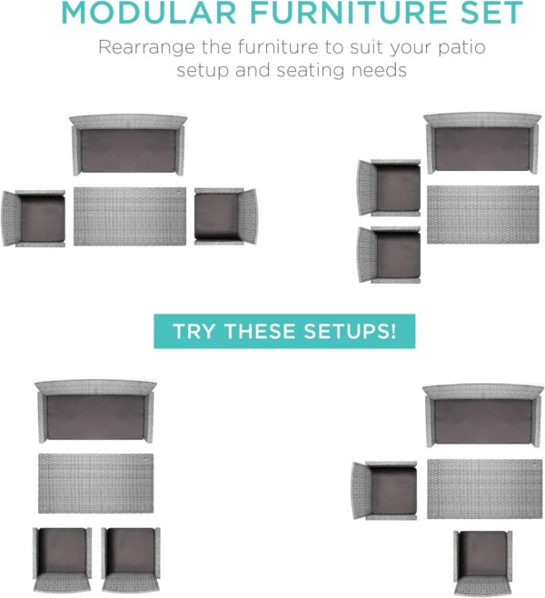 Best Choice Products 4-Piece Outdoor Wicker Patio Conversation Furniture Set for Backyard w/Coffee Table, Seat Cushions - Gray/Gray - Image 2