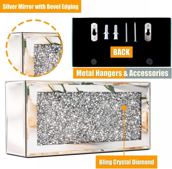 Mirrored Remote Holder, Wall Mounted Crush Diamond Bling Decoration Organizer Storage Box for Remote Phone Pad Wallet Notebook (8.3"×2.5"×4" for 3 or 4 Remote Controls) - Image 4